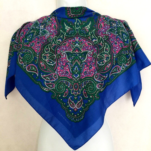 Laura Borghese Italy Designer Colorful Paisley Square Scarf Blue Green Pink Vtg - Picture 1 of 9